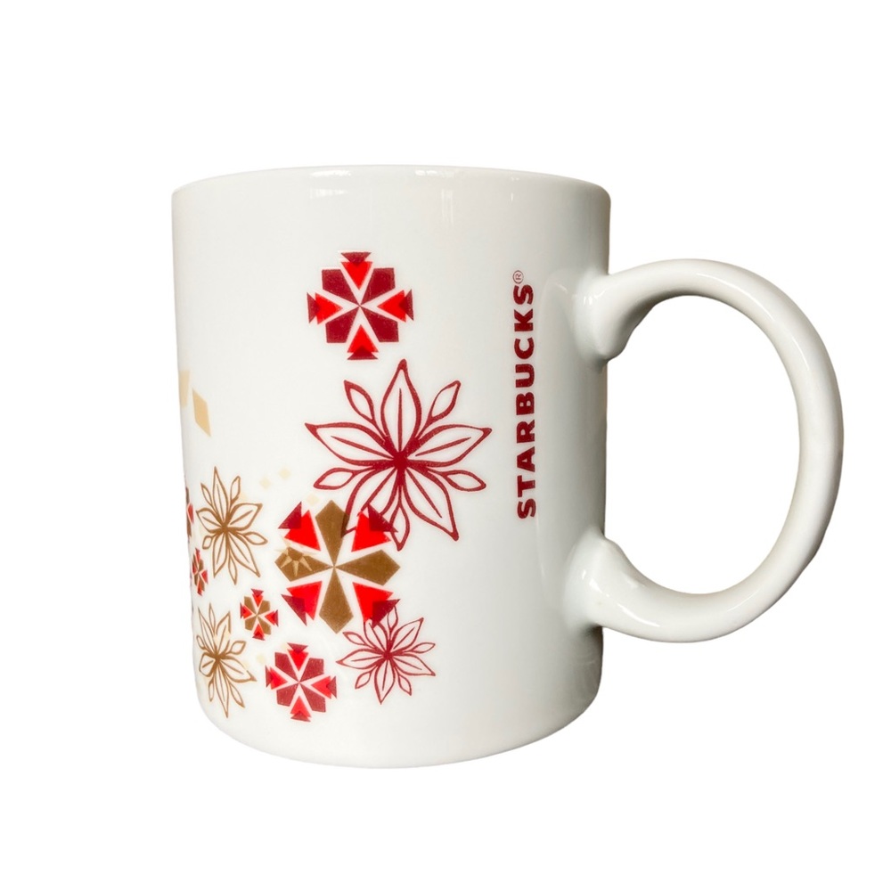 STARBUCKS 2013 Holiday Poinsettia Mug Coffee Tea Christmas White Red Gold 12 oz